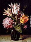 Famous Rose Paintings - A Still Life With A Bouquet Of Tulips, A Rose, Clover And A Cylclamen In A Green Glass Bottle